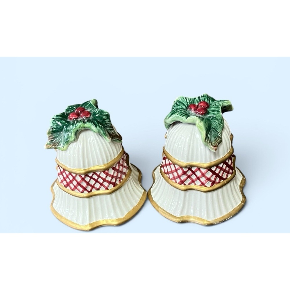 Fitz & Floyd Holiday Bells Salt & Pepper Shaker Set Holly Berry Christmas Winter